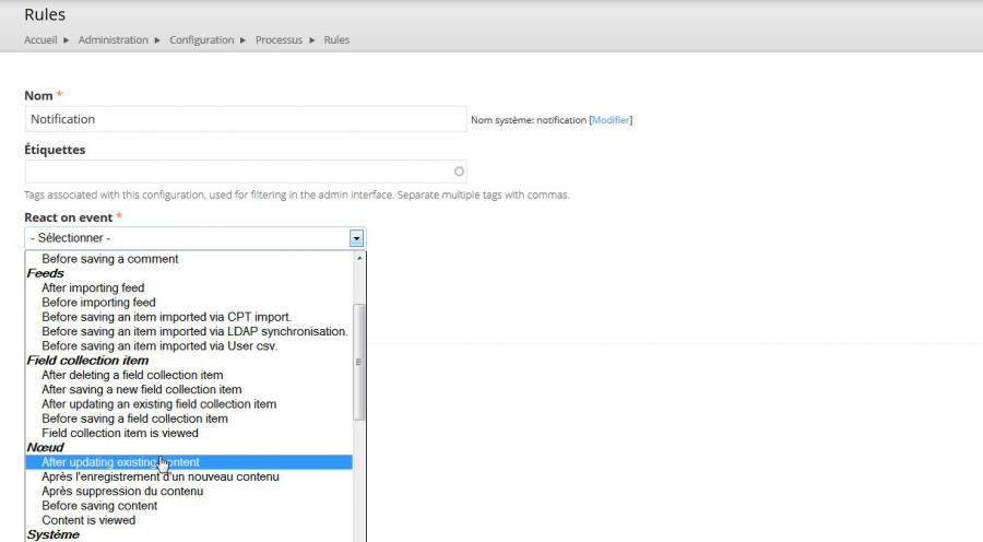 configuration d'une règle drupal avec Rules